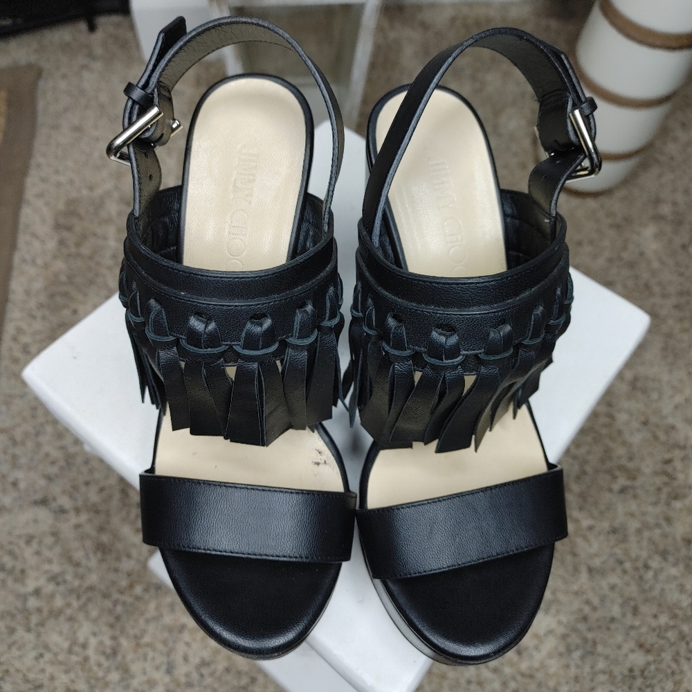 JIMMY CHOO NYA 120 FRINGE WEDGE SANDAL, BLACK 38 - Picture 6 of 14